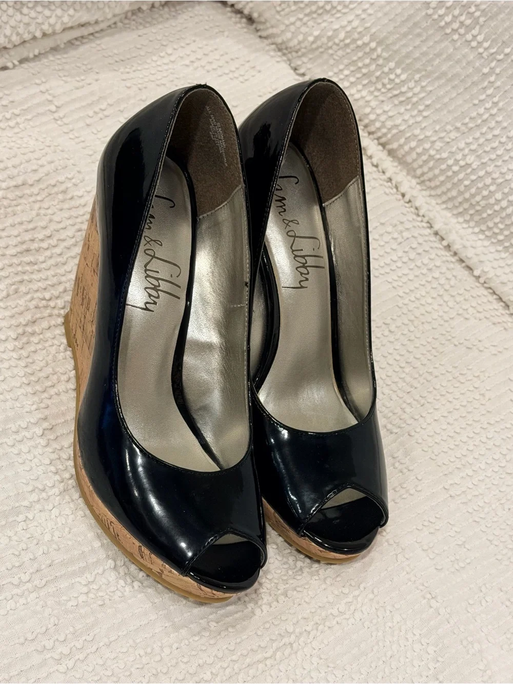 Sam & Libby Black Patent Cork Wedge Peep Toe Pumps - Picture 2 of 8